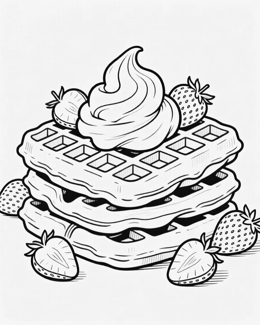 A stack of waffles topped with whipped cream and strawberries