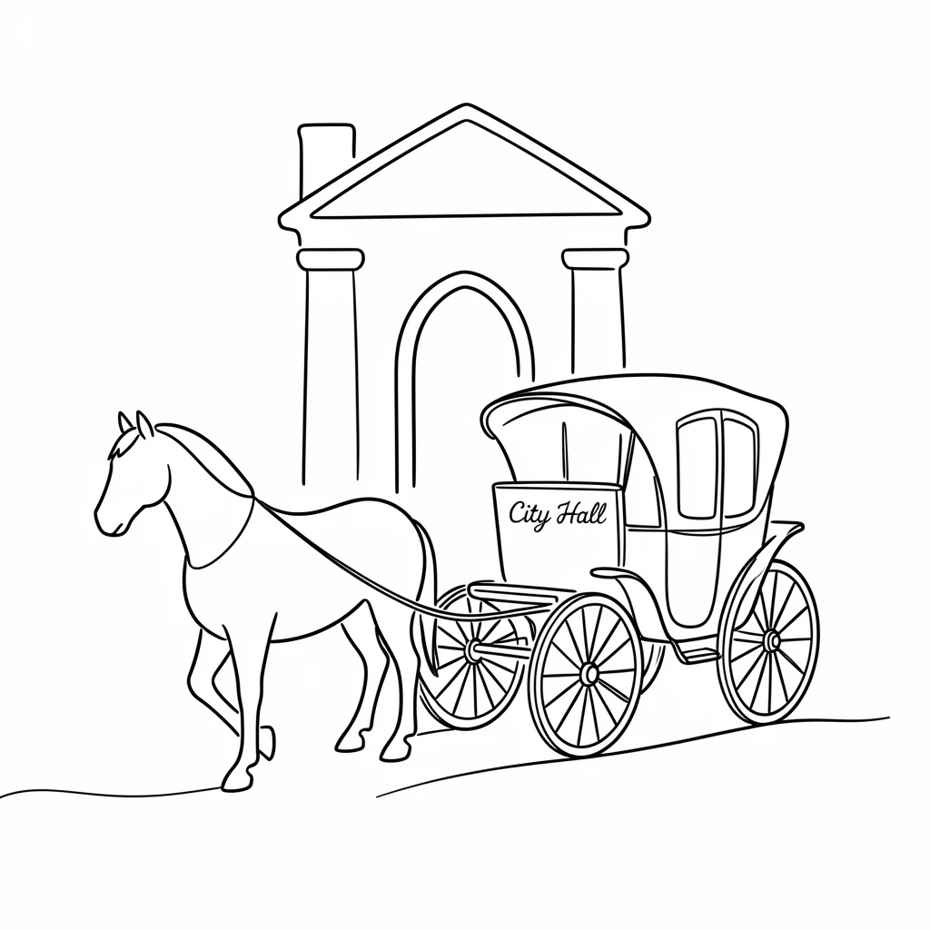 A vintage horse-drawn carriage waiting outside an old city hall