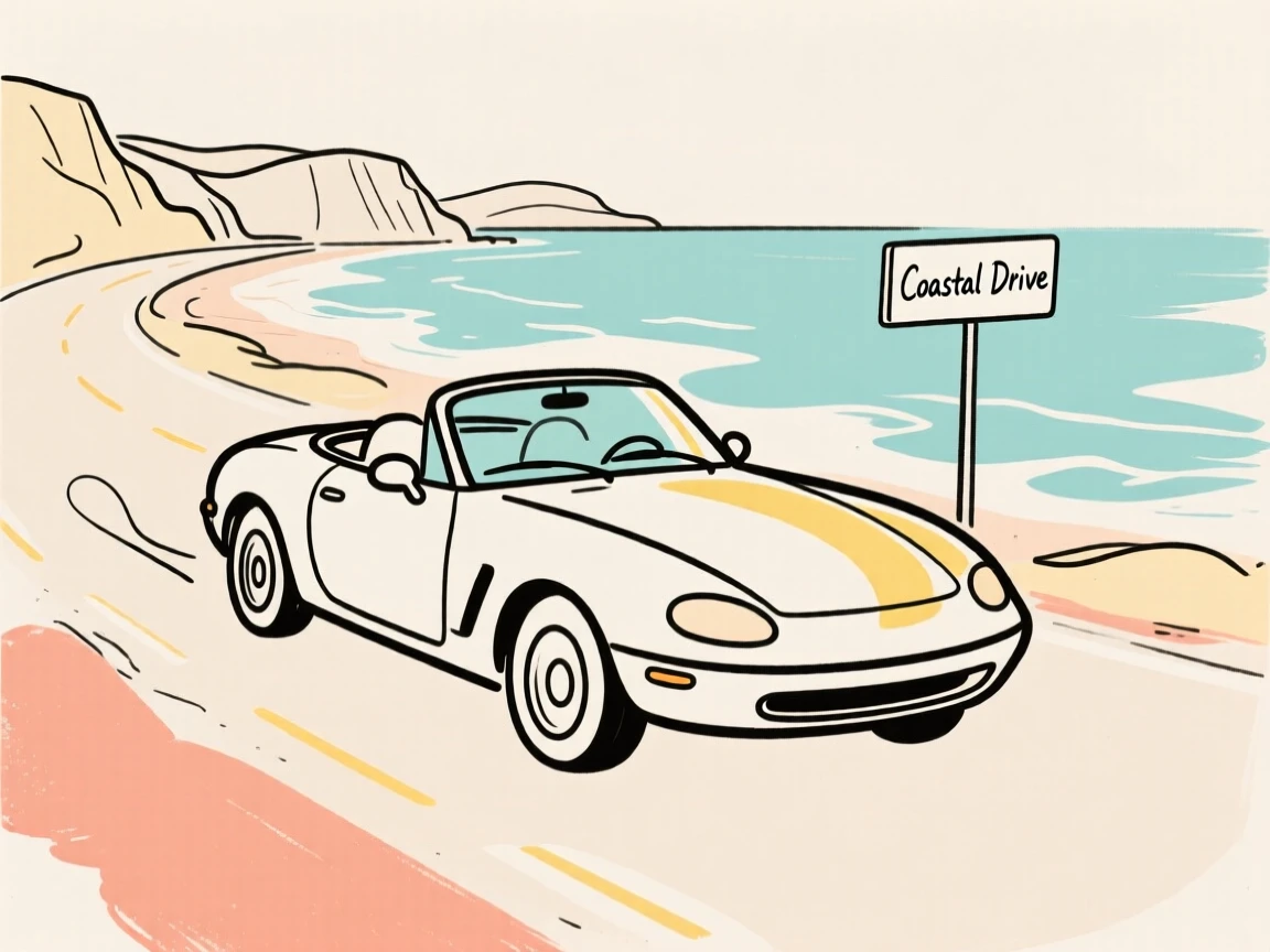 A convertible driving along a coastal road