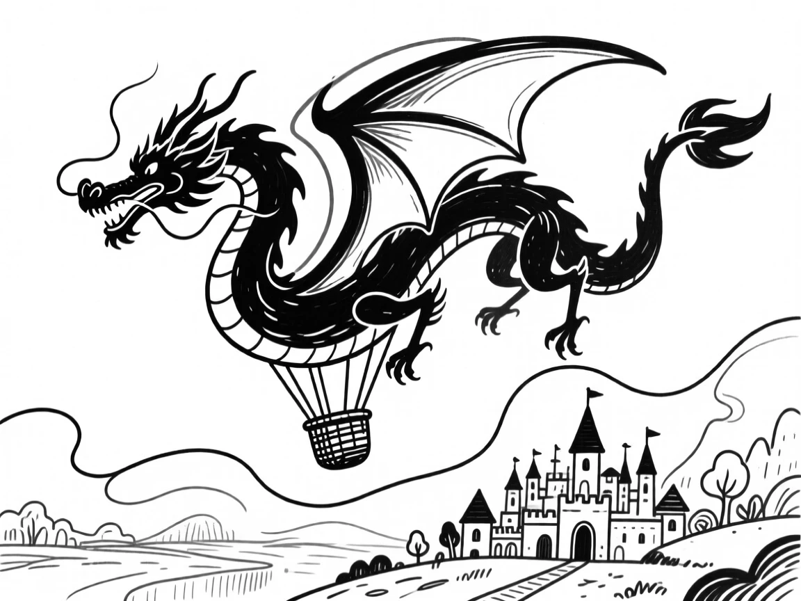 A magical hot air balloon shaped like a dragon floating over a fantasy kingdom.