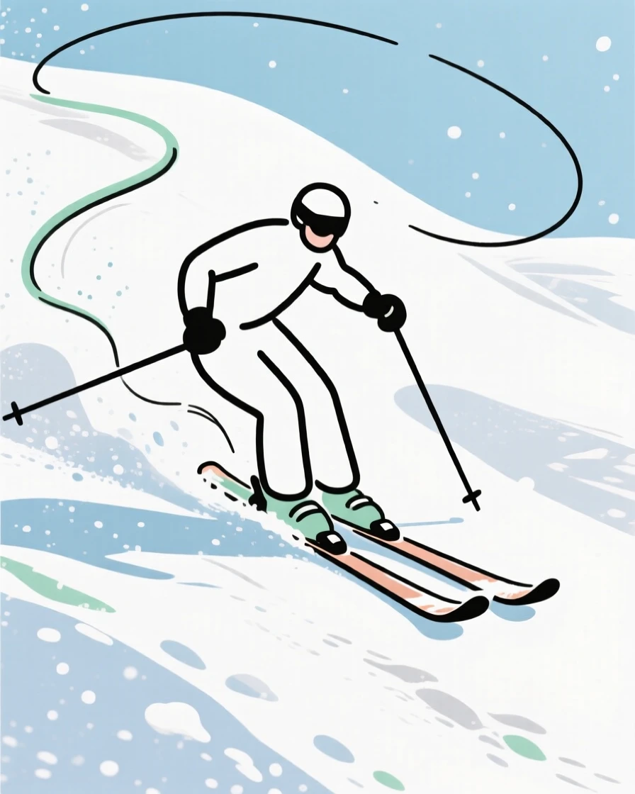 A skier carving through fresh powder down a snowy slope.