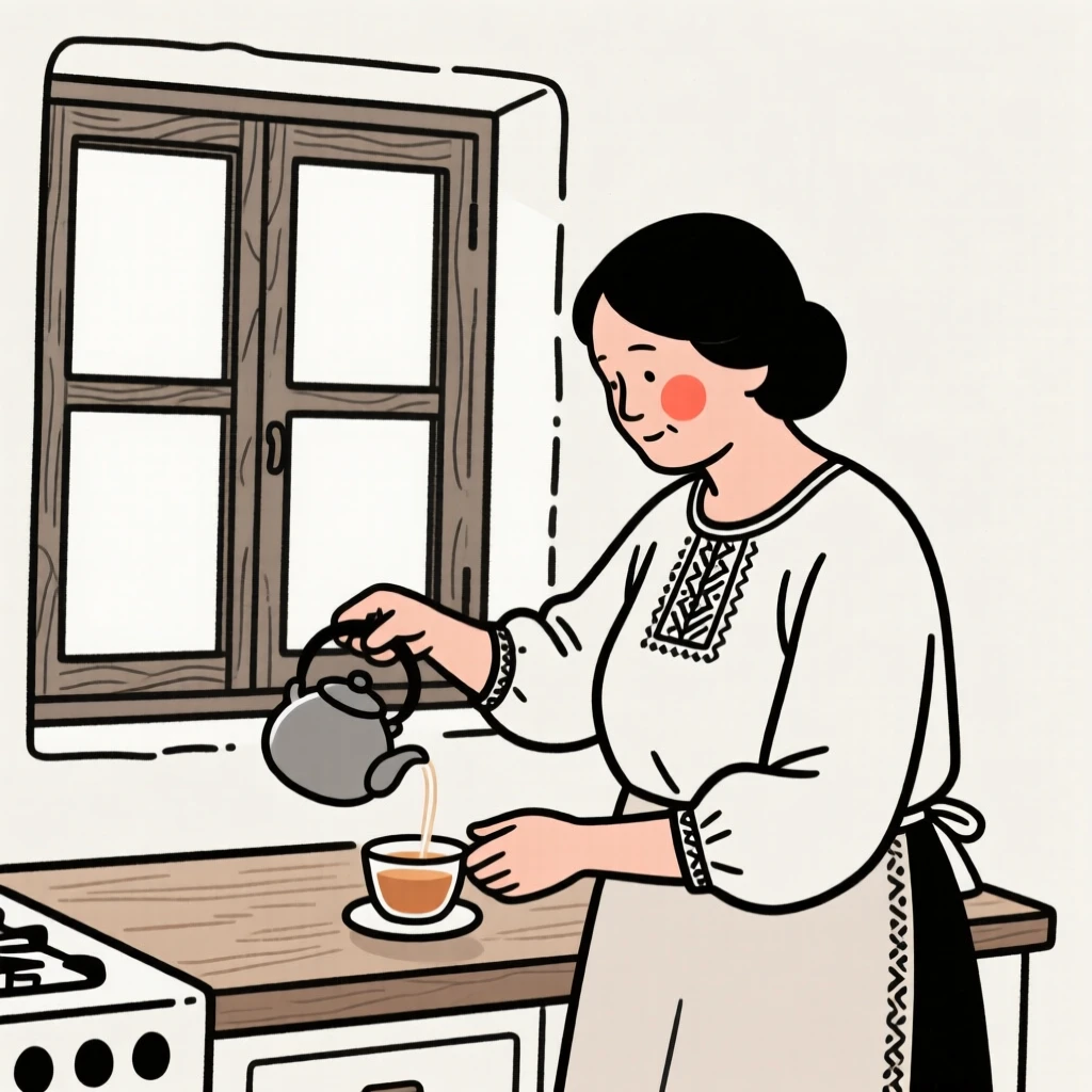 A mother of Greek heritage brewing tea in a cozy kitchen, by a rustic farmhouse window.