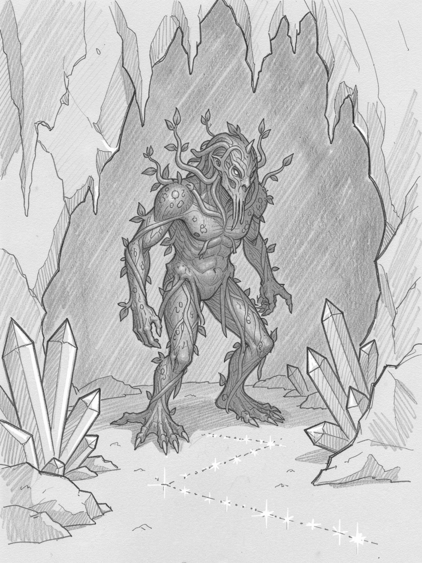 A mystical forest guardian made of vines and moss, inside a cavern lit by crystal formations, with a trail of sparkling light marking the path.