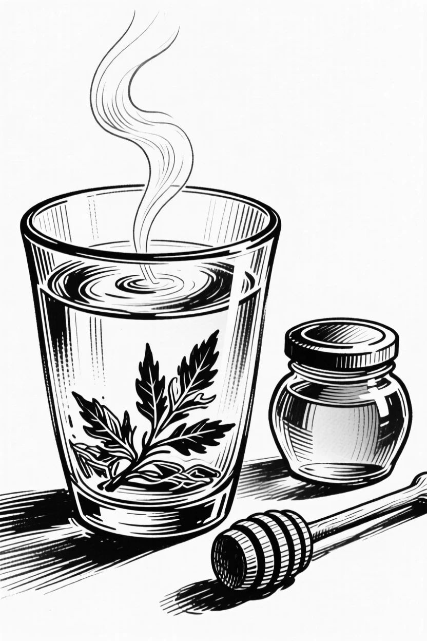 A glass of herbal tea steeping beside a small honey jar.