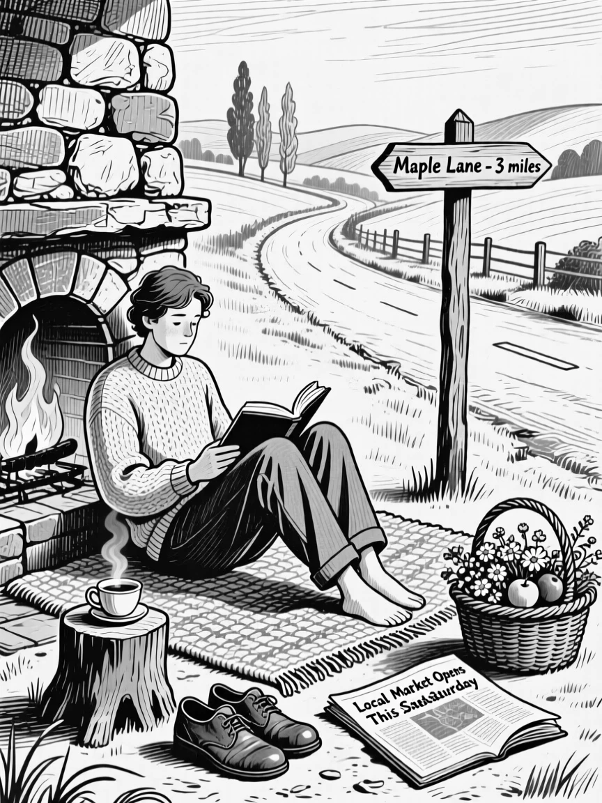 A reader curled up by a fireplace on a quiet countryside road, with small details of daily life scattered nearby, creating a peacefully content lifestyle scene.