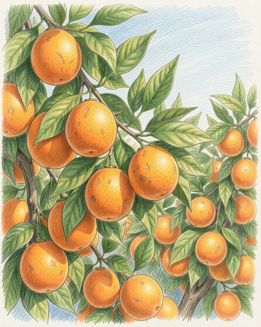 A citrus grove heavy with ripe oranges under a blue sky, framed thoughtfully to draw the eye toward the central subject, perfect for anyone drawn to gentle, heartfelt imagery.
