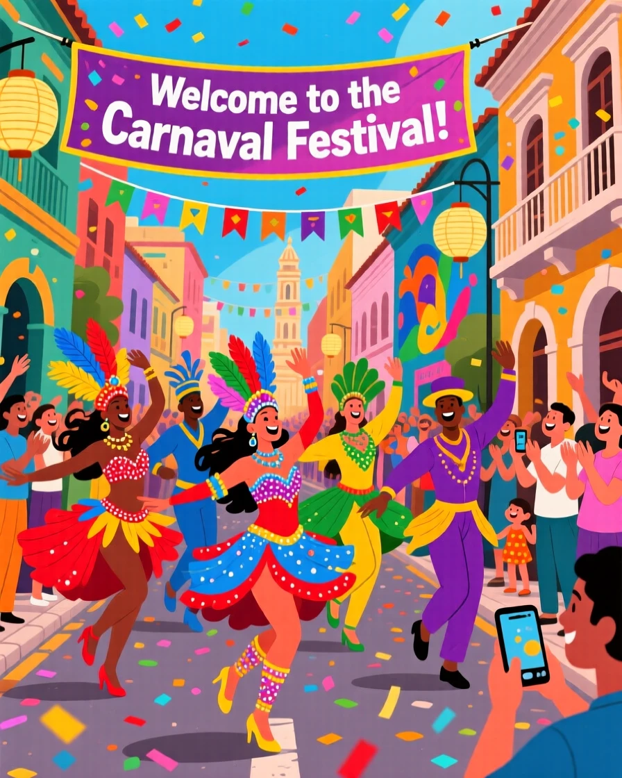 A vibrant carnival street parade with dancers in colorful costumes, surrounded by vibrant local color and charm, framed to highlight the destination's unique character, with a joyful, adventurous atmosphere.