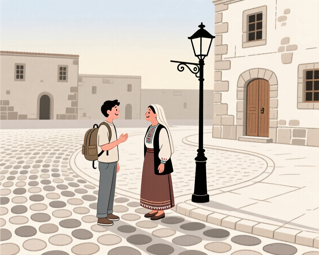 A traveler chatting with a local near an old cobblestone square.
