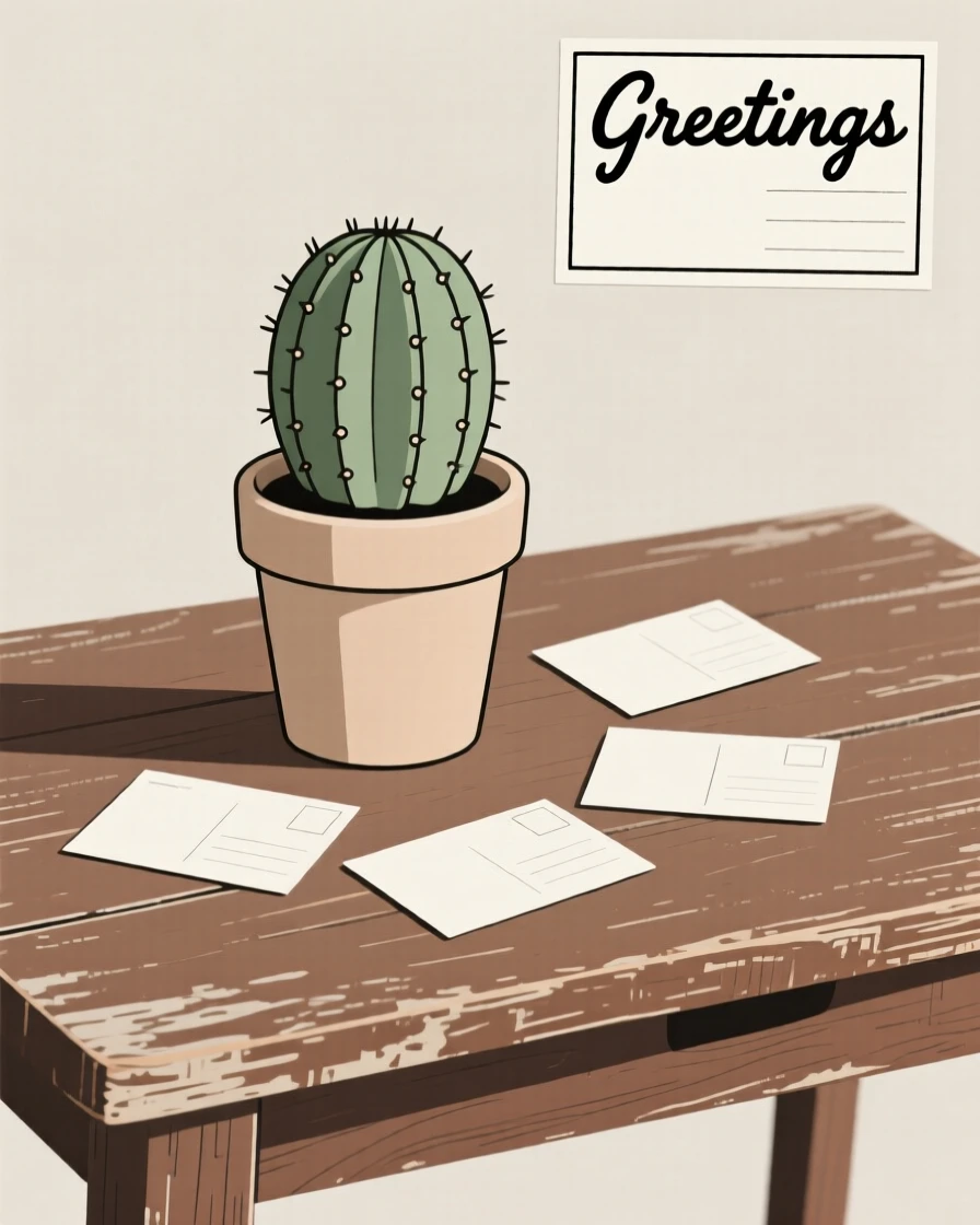A potted cactus resting on a weathered wooden desk, surrounded by scattered postcards, evoking vintage warmth.