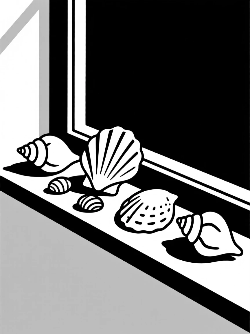A collection of seashells arranged on a windowsill.