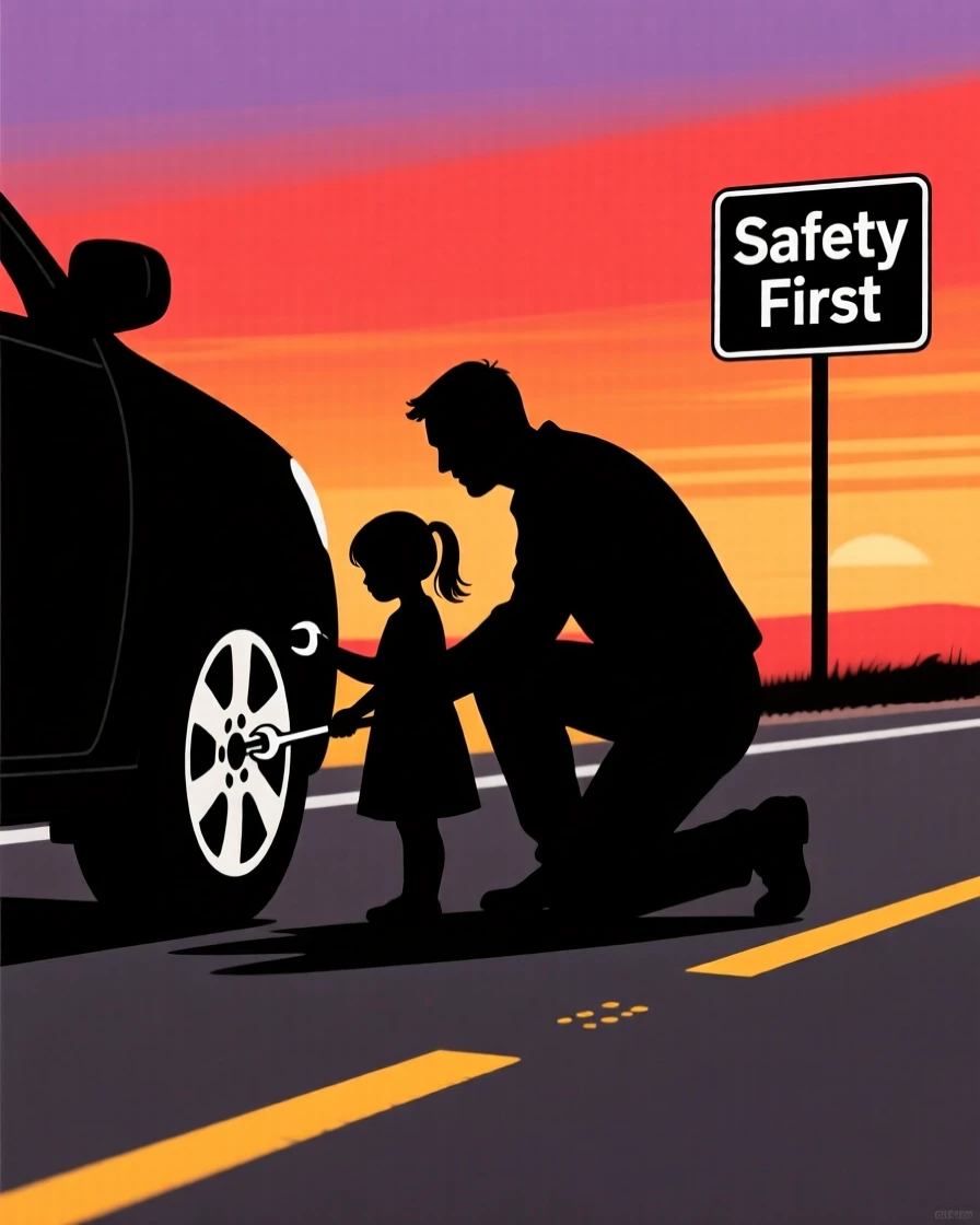 A father teaching his daughter to change a car tire on the side of the road.