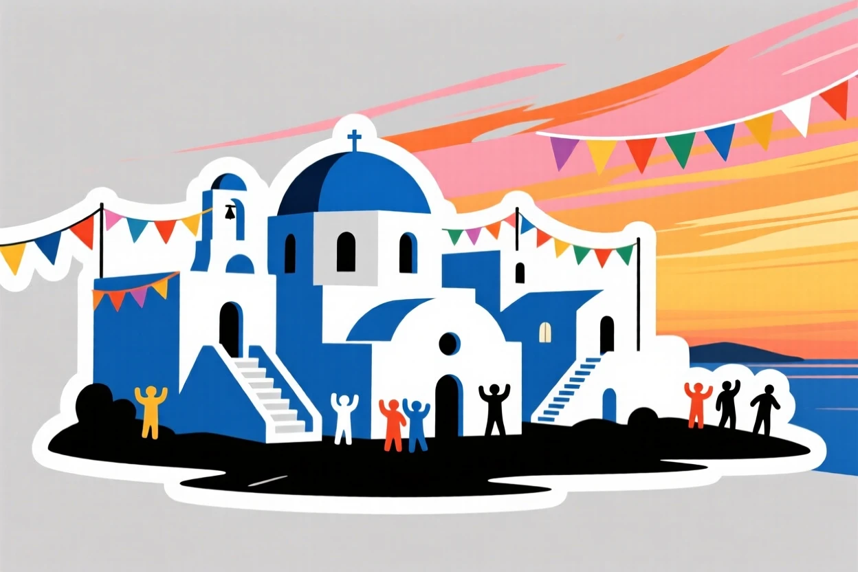 A culturally vibrant Greek island with white and blue buildings, under a sky streaked with warm colors, at the peak of a local festival.