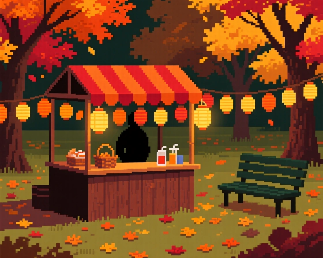 A lantern-lit autumn festival stall lit by dozens of small paper lanterns, in a park during peak autumn color.