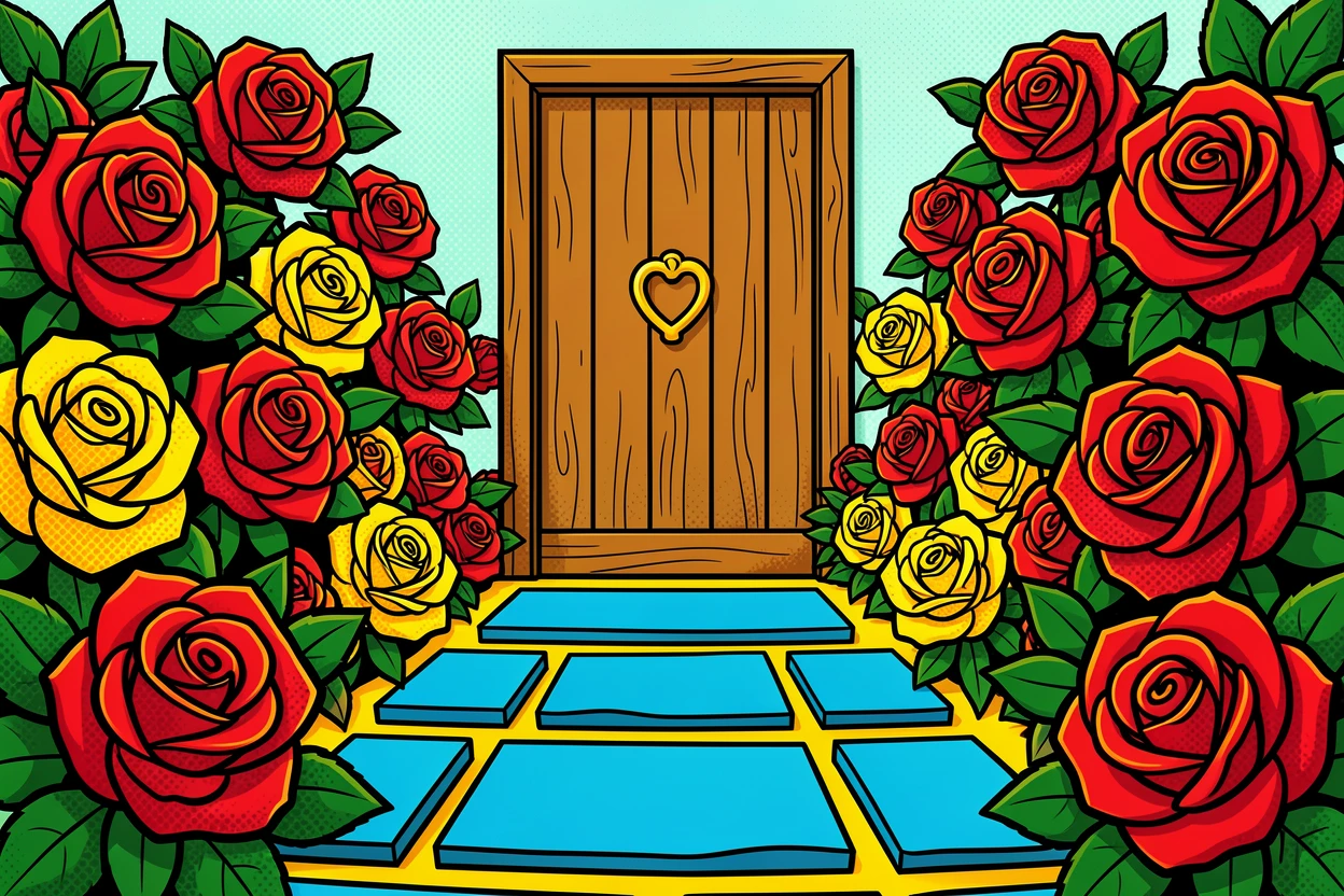 A rose-covered cottage garden path leading to a wooden door