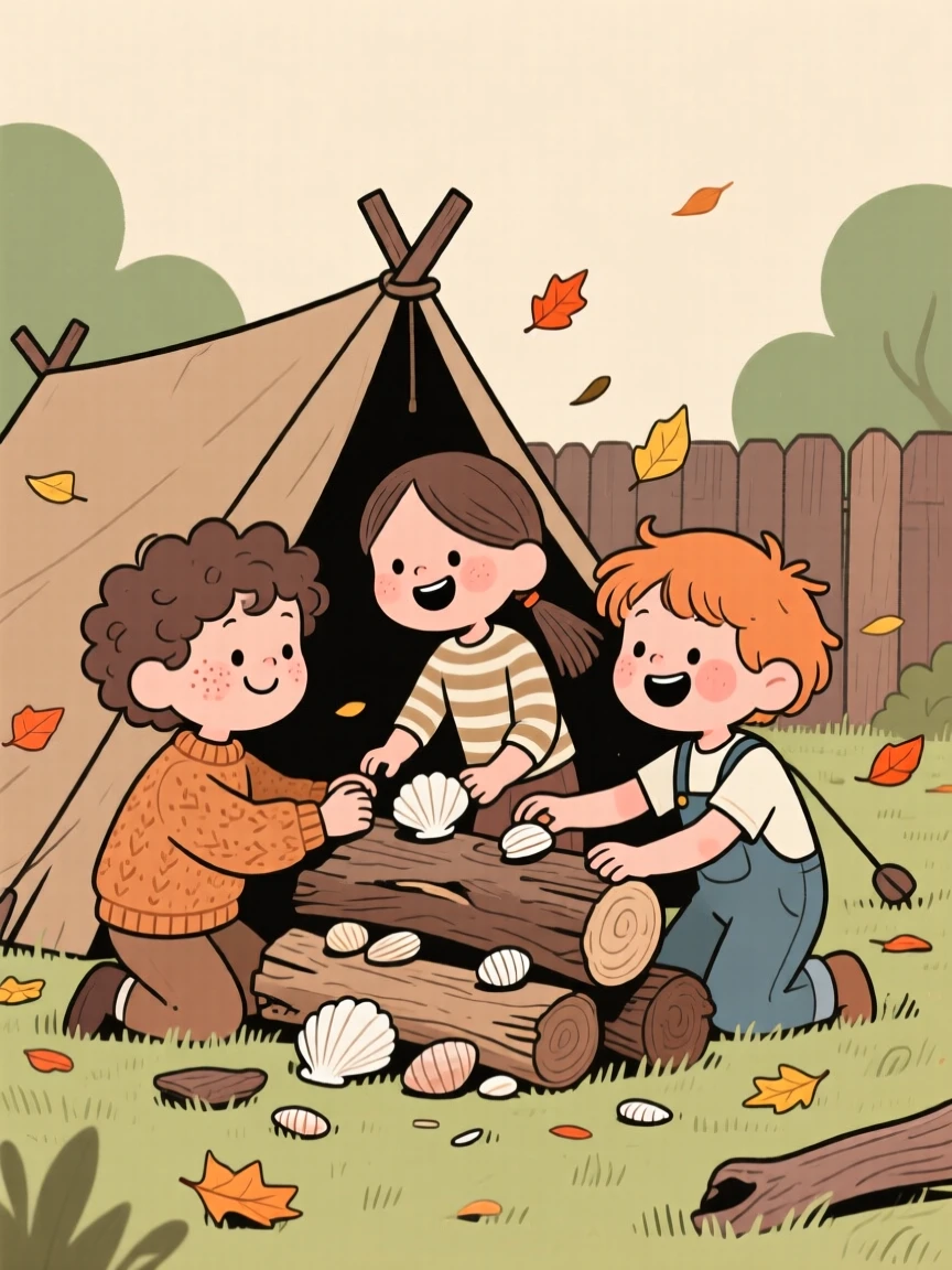 A trio of children build a fort out of driftwood and shells in the backyard, laughing as the wind sends leaves scattering everywhere.