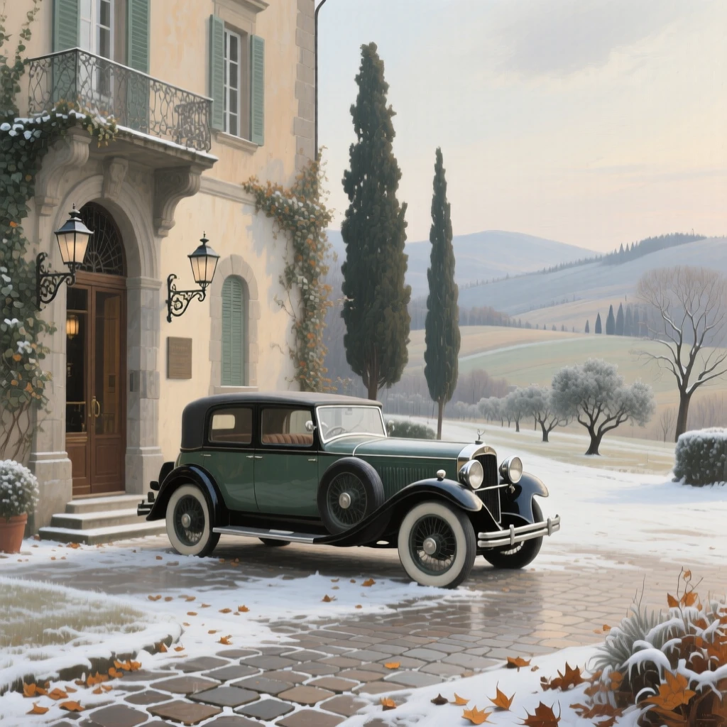 A wide establishing shot of a vintage automobile parked outside a grand hotel entrance, in rural Tuscany, in the quiet stillness of midwinter.