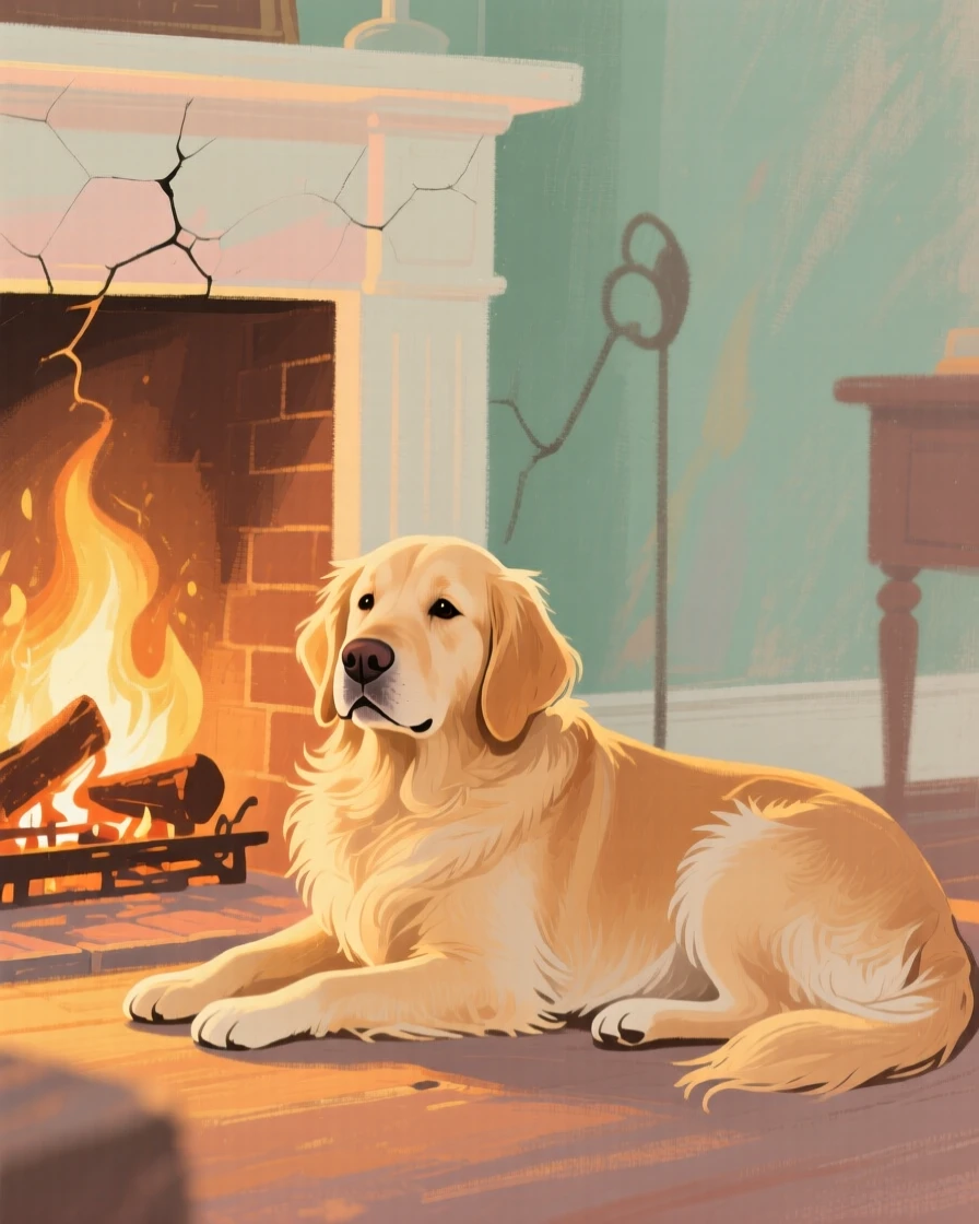 A loyal golden retriever resting beside a crackling fireplace