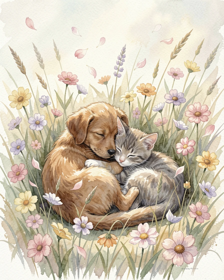 A puppy and kitten curled up together in a field of tall wildflowers surrounded by falling flower petals.