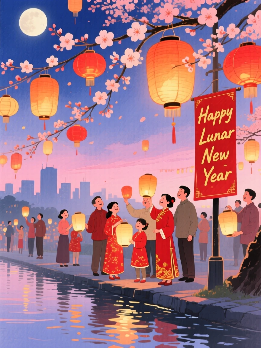 A joyful scene of a Lunar New Year lantern festival, with lanterns glowing softly at dusk, capturing the warmth of the celebration