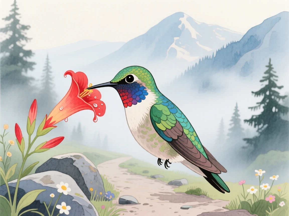 A close-up portrait of a hummingbird sipping nectar in a misty mountain trail.
