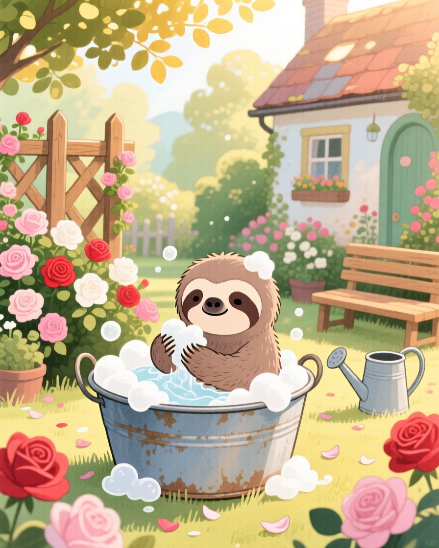 A baby sloth getting a gentle bath in a tin tub full of bubbles, set in a sunny cottage garden overflowing with roses, capturing a fleeting moment of quiet contentment.