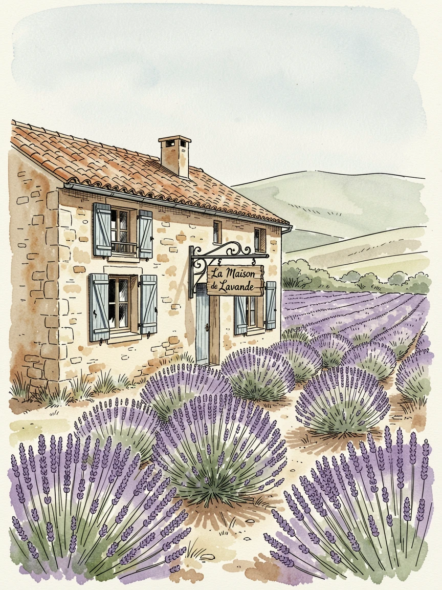 A quiet Provencal farmhouse surrounded by rows of lavender, a gentle stillness settling over the historic setting.