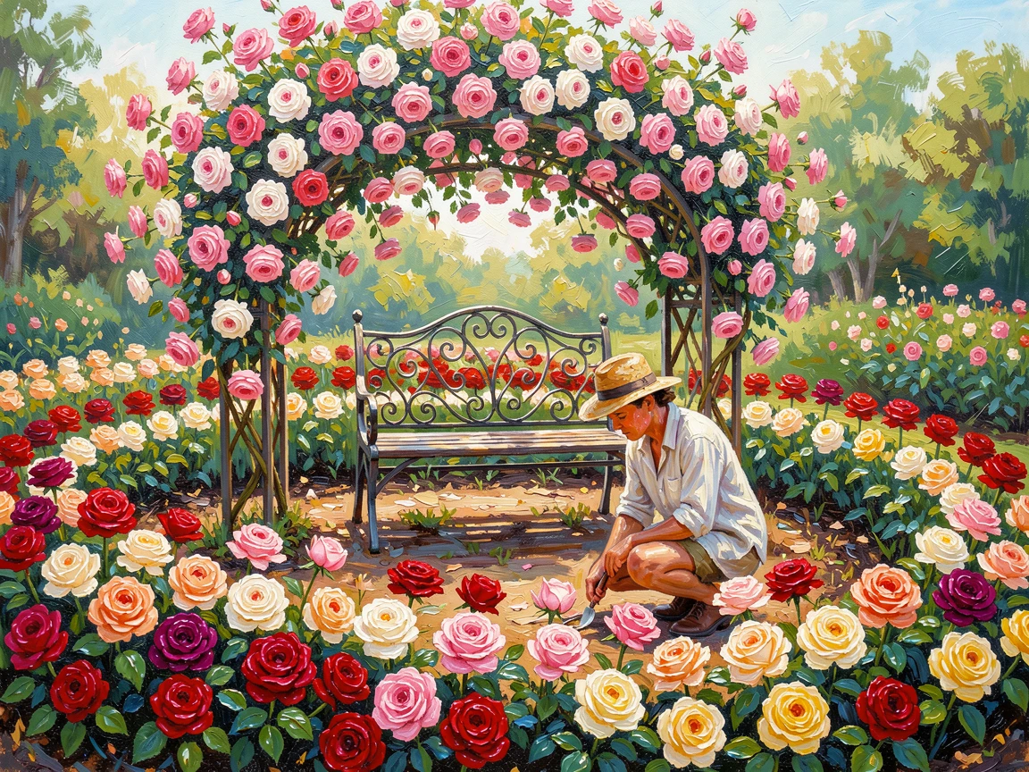 With a wrought-iron bench tucked beneath a flowering arbor, a rose garden arranged in concentric circles, a gardener kneeling quietly, tending the flower beds, in peak summer bloom, colors saturated and vivid.