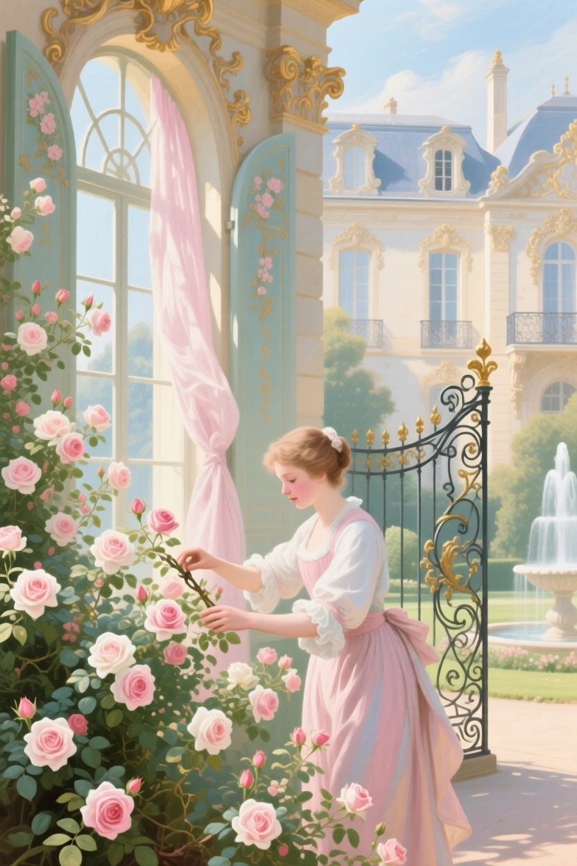 A gardener trimming roses beneath the windows of a grand estate  