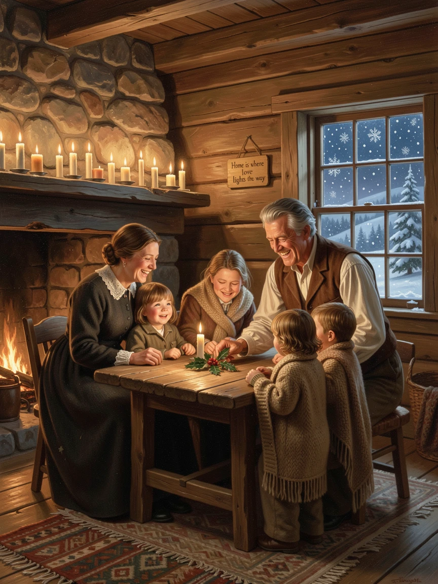 Grandparents and grandchildren celebrate together at a cozy cottage filled with candlelight as snow falls softly outside.