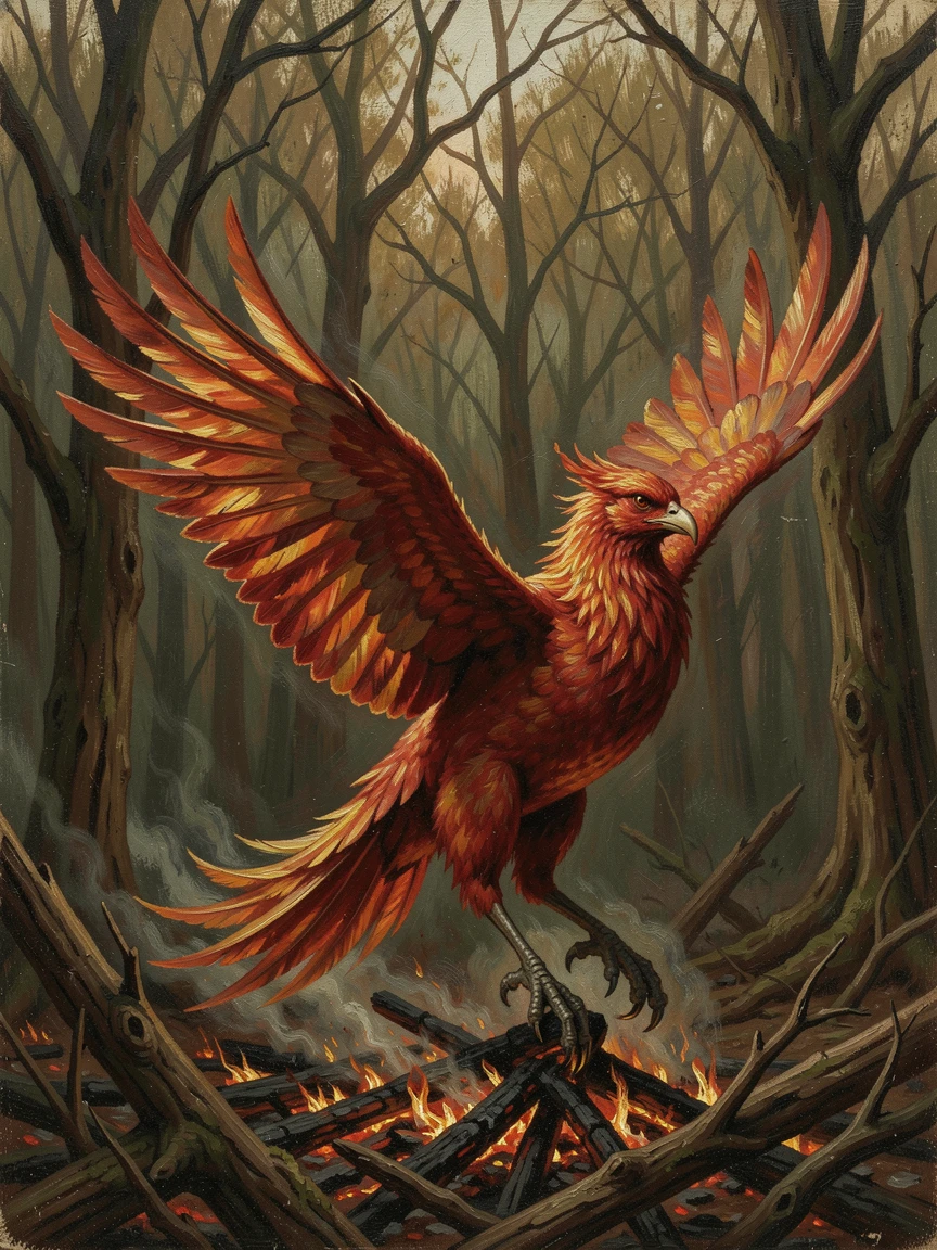 A majestic phoenix rising in flame and light above a dark forest, rendered with photorealistic detail to feel genuinely believable, creating a scene that feels both magical and entirely believable