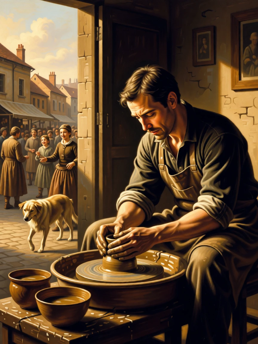 A potter shaping clay at the wheel in a sunlit workshop in a scene both modest and deeply human, set within a bustling market square filled with color and life, with children's laughter and a stray dog weaving underfoot; warm natural light elevates a humble scene into something timeless, suggesting that meaning is found in life's smallest rituals.