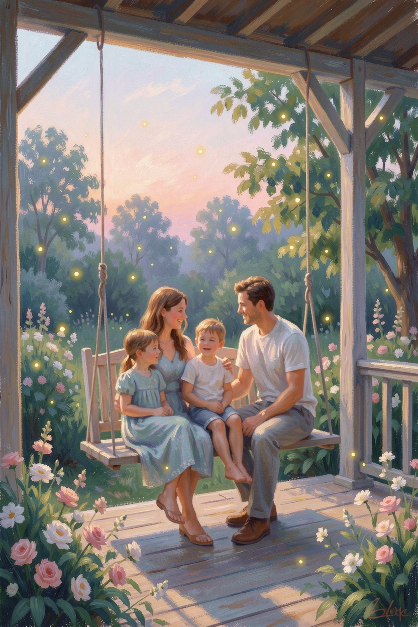 A family gathered on a porch swing watching fireflies rise over the garden on a warm summer evening, in the gentle hush of early morning, capturing a fleeting moment of pure happiness.