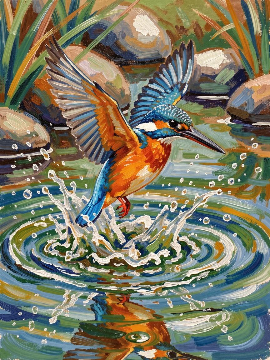 A kingfisher diving into a clear stream, water splashing around its bright plumage.