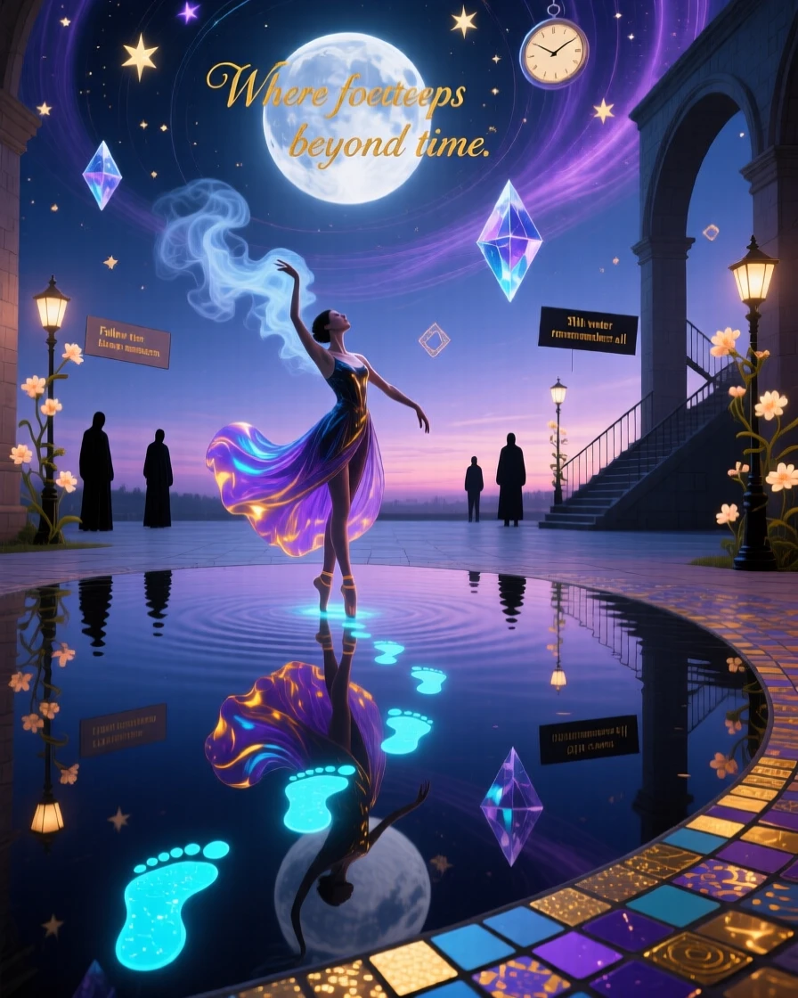 A dancer whose feet leave trails of glowing footprints stands motionless at the center of a quiet plaza, as the ground beneath them slowly turns to still water.
