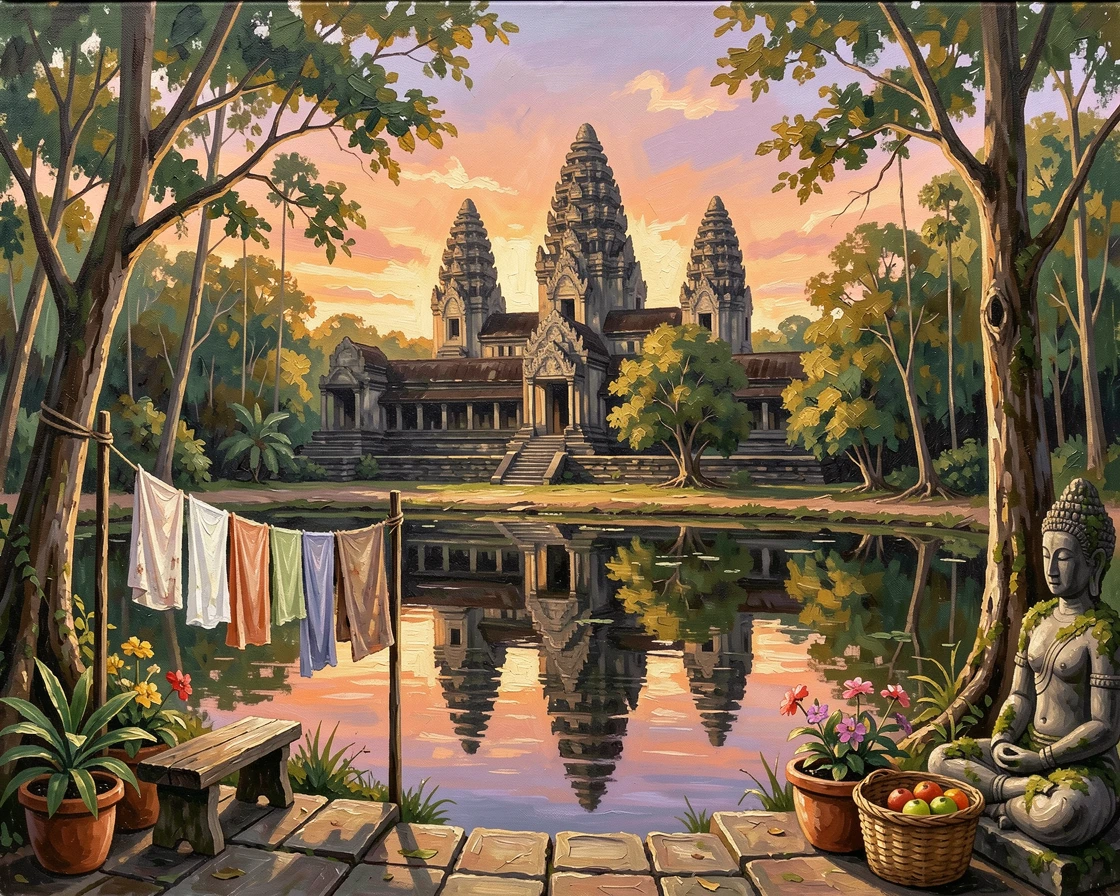 Angkor Wat's five towers rise above the jungle canopy at sunrise, their silhouette perfectly reflected in the still moat waters below, small everyday details, like drying laundry or potted plants, giving the scene a lived-in warmth.
