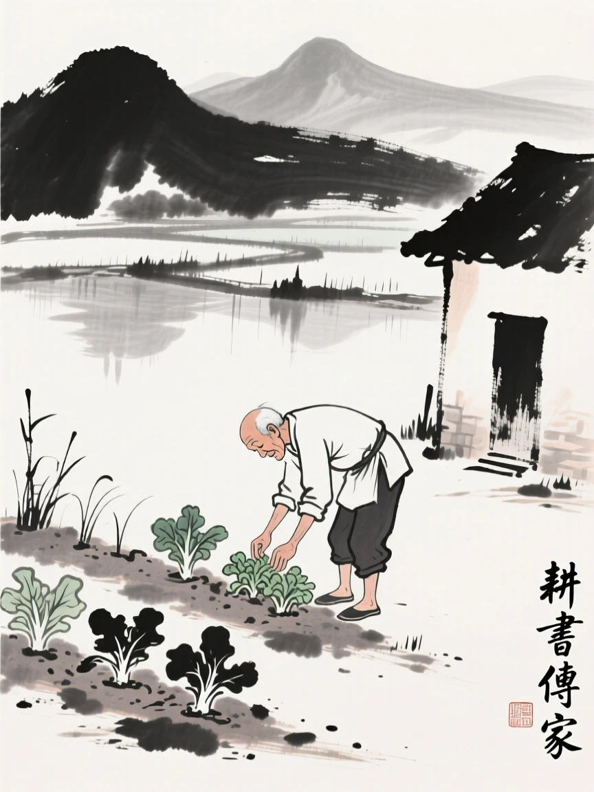 An elderly farmer tends a small vegetable garden beside his home, with distant mountains reflected in the flooded fields.