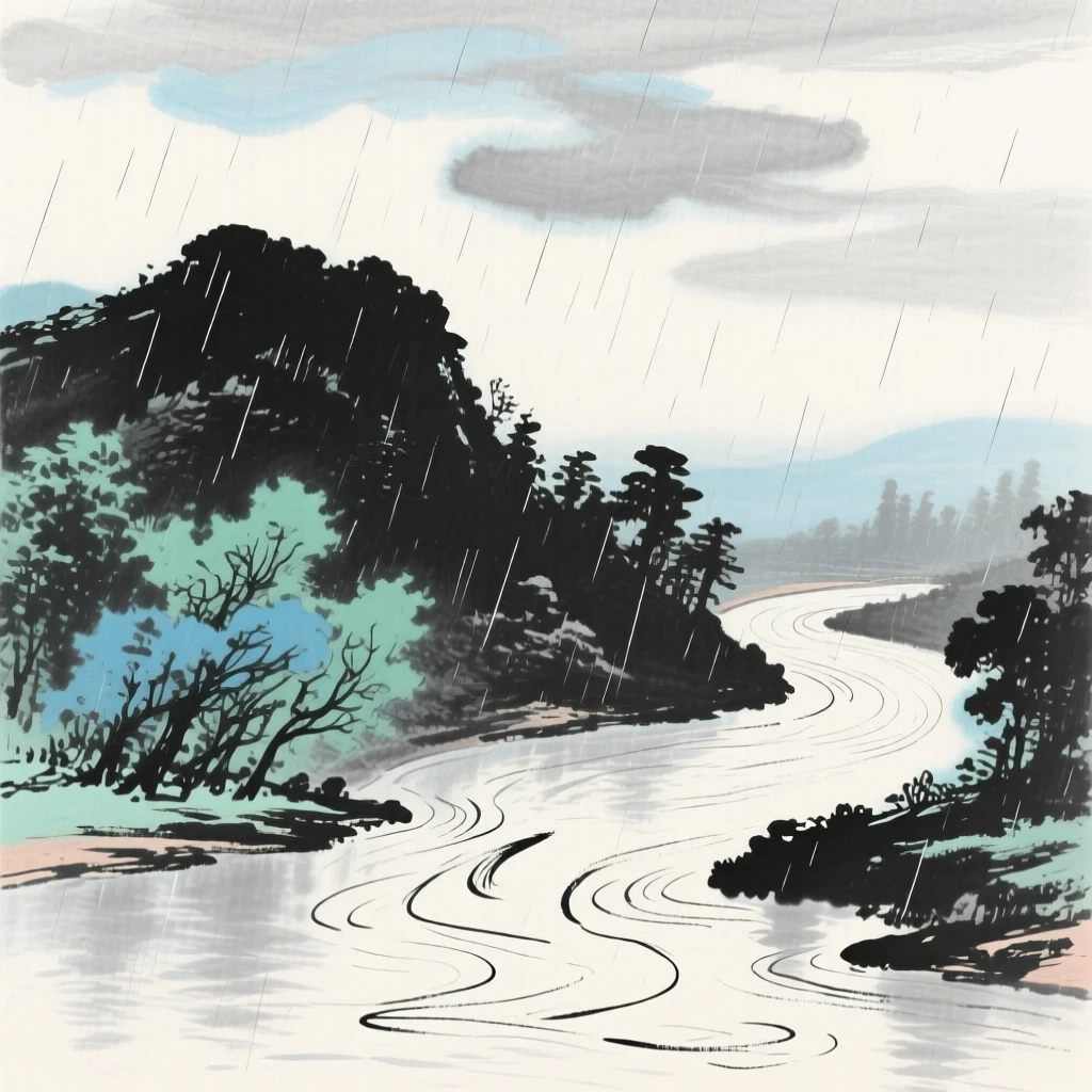 A quiet cove where a river bends around a wooded hill, beneath low hanging clouds, as summer rain begins to fall.