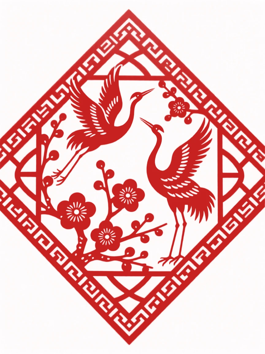 A design of a diamond-shaped panel featuring a lattice of plum blossoms and cranes, bordered by a fine repeating key-fret pattern.