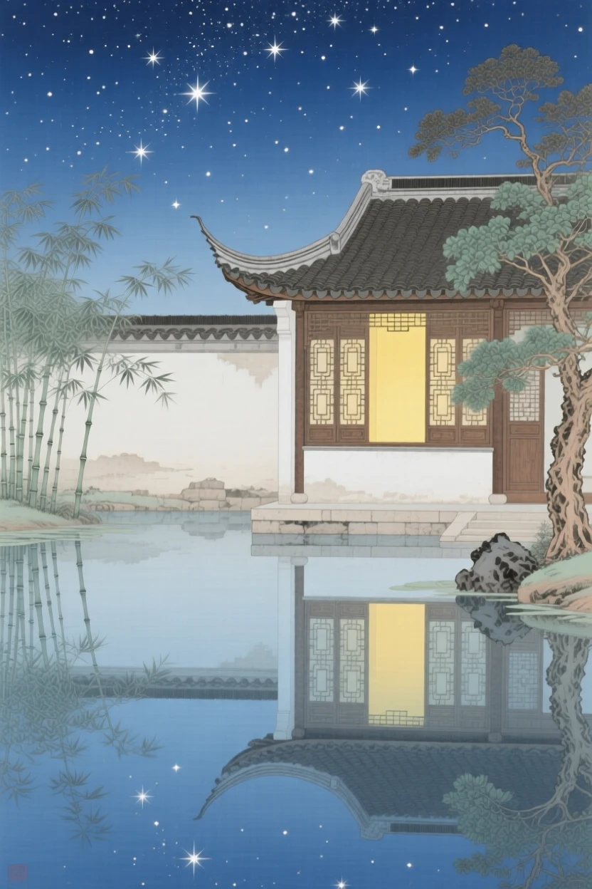 A starry sky reflected in a still lake, beside a quiet temple with a single lit window