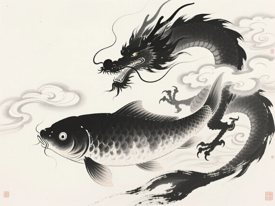 A giant koi transforming into a rising dragon within a swirl of luminous cloud, framed to emphasize scale against a vast open sky, evoking wonder, myth, and quiet reverence.