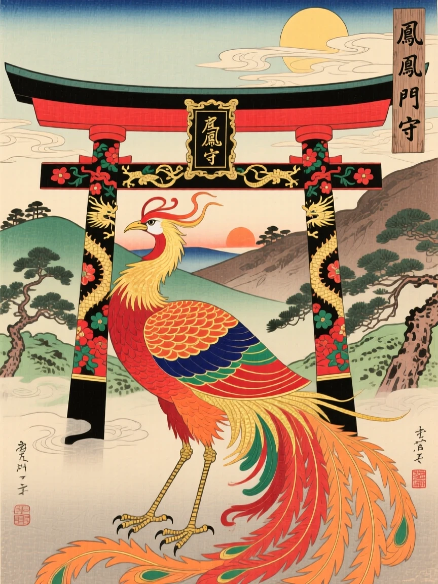 A rising phoenix standing watch before an ornate temple gate.