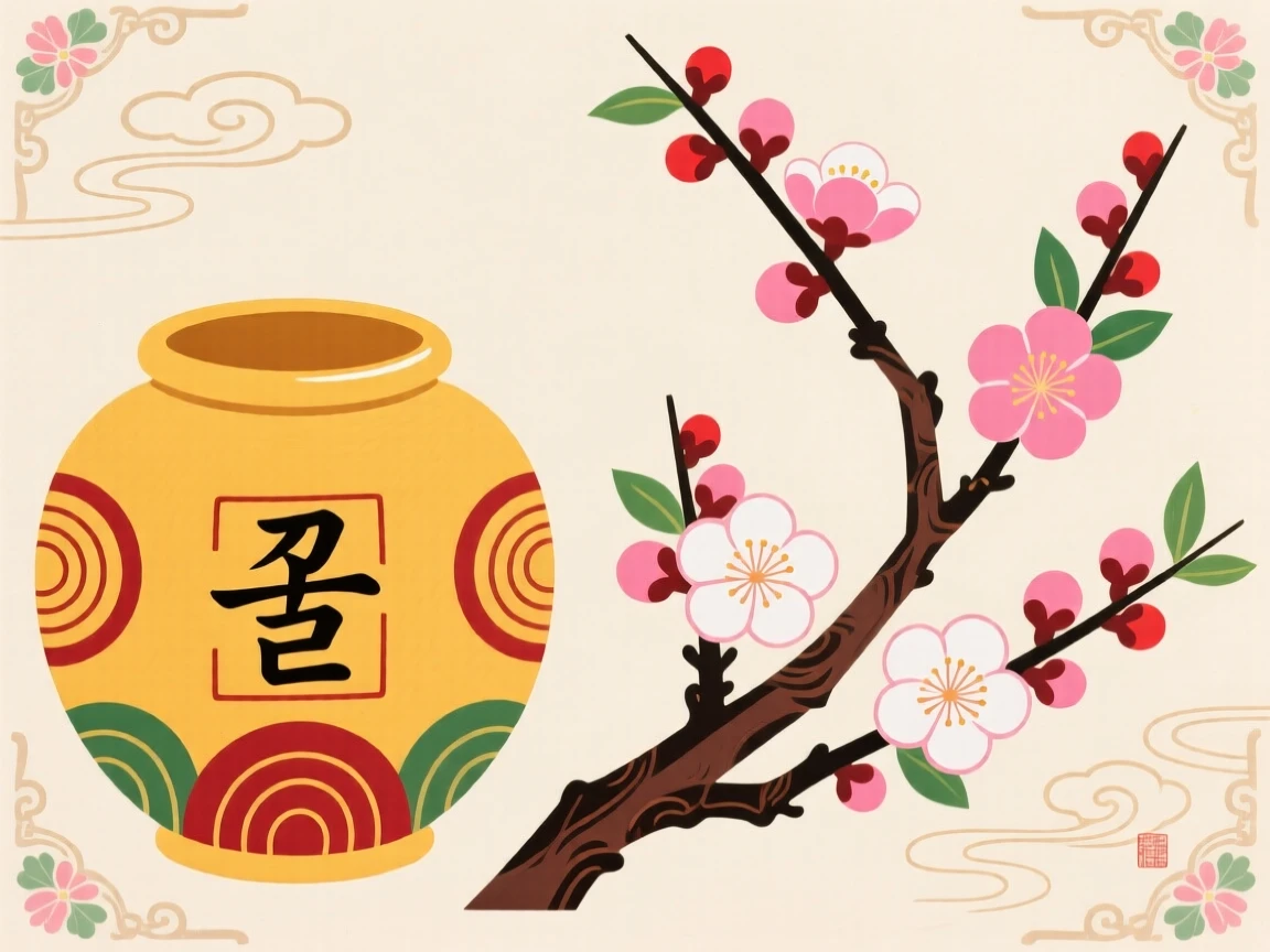 A jar of honey beside a blooming plum branch, symbolizing sweetness in life.