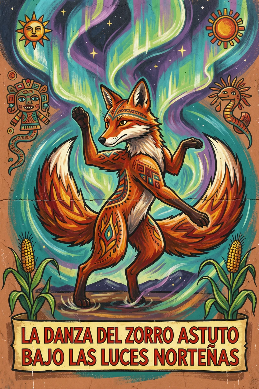 A trickster fox spirit dancing beneath the northern lights