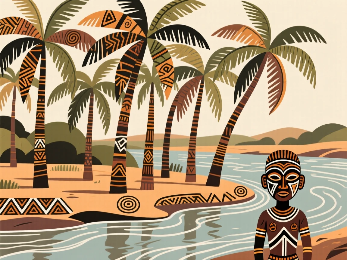 A grove of tall palm trees swaying near a riverbank.