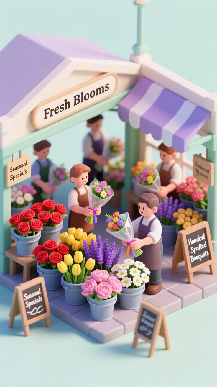 A bustling flower market hall with buckets of blooms in every color, vendors wrapping bouquets, and the scent of roses in the air.