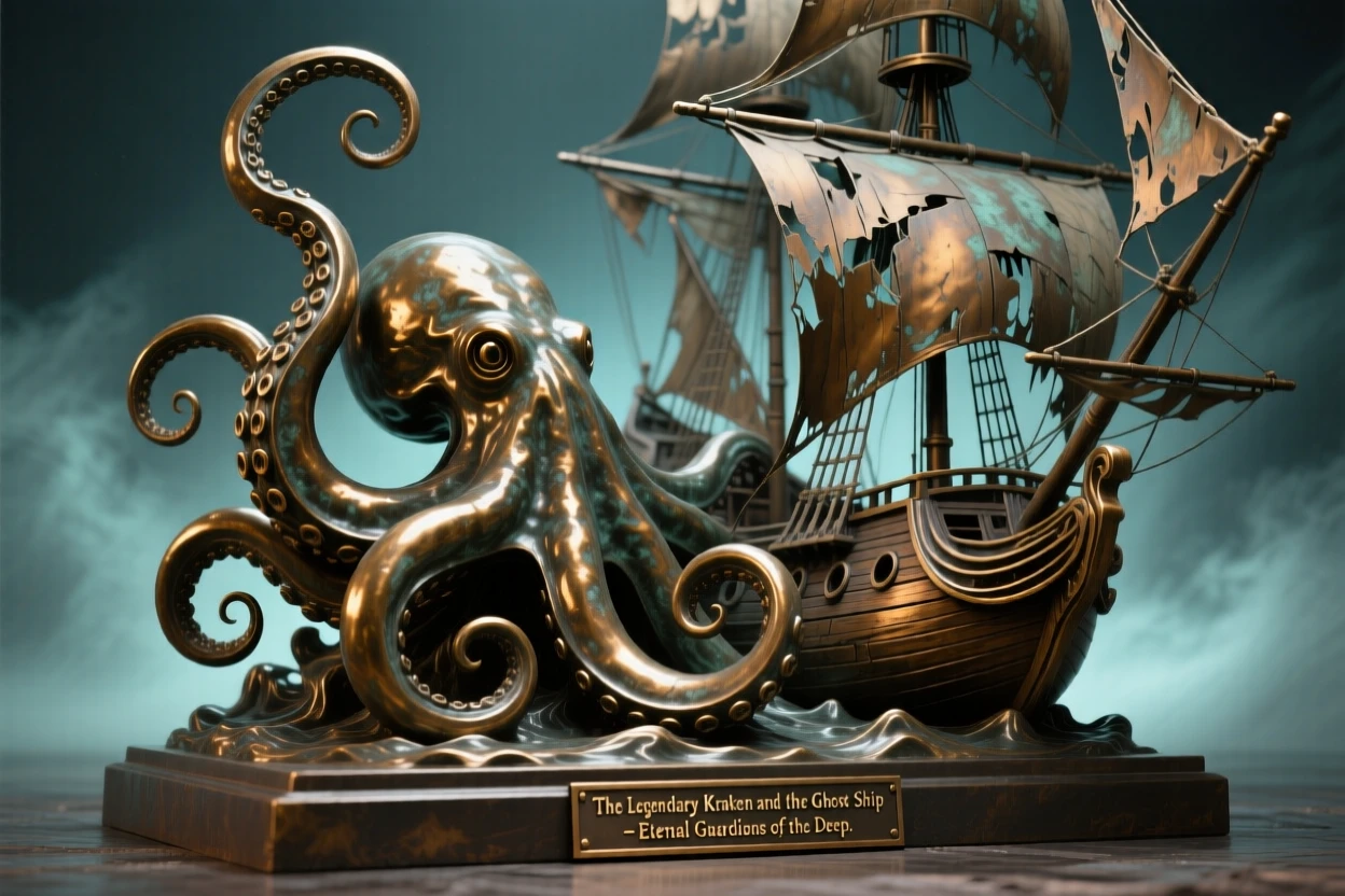 A legendary kraken rising beside a ghost ship, bathed in ethereal, otherworldly glow, radiating awe and grandeur