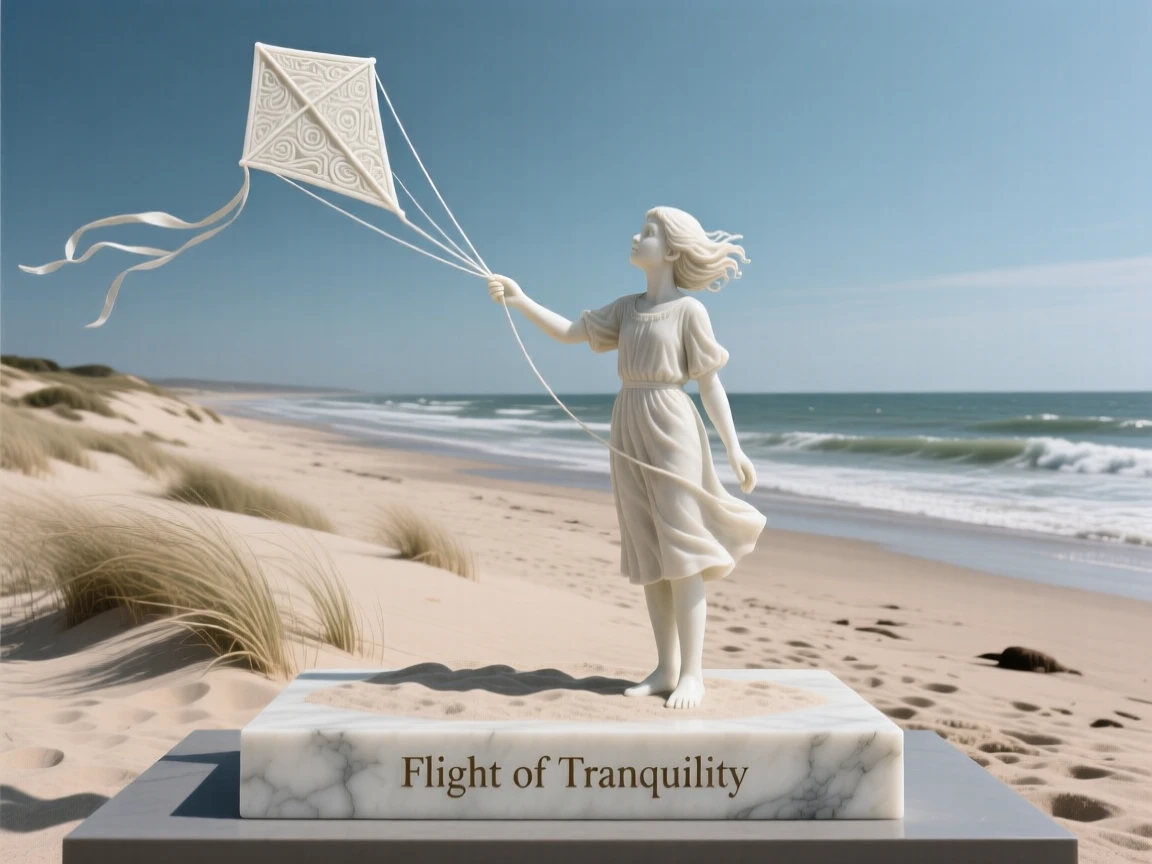 A vivid, emotionally rich scene of a kite flying high above a windswept beach, in a moment of quiet stillness, designed to captivate and inspire
