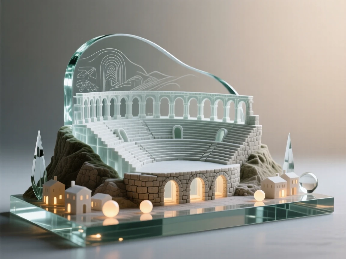 An ancient amphitheater carved into the side of a hill, as lights begin to flicker on across the surrounding town