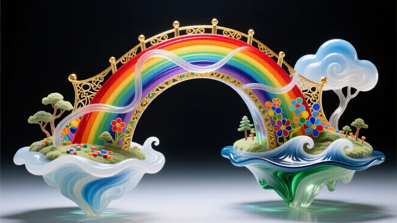 A bridge made of rainbow light connecting two floating islands, magical and vivid.