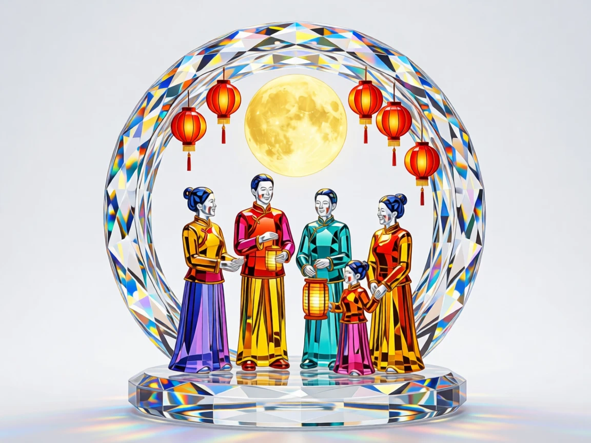 A vibrant Chinese Mid-Autumn Festival scene with families gathered under a full moon.